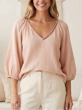 NWT Style Reform Blush Pink Double Cotton Gauze Blanket Stitch V-Neck Top Size L